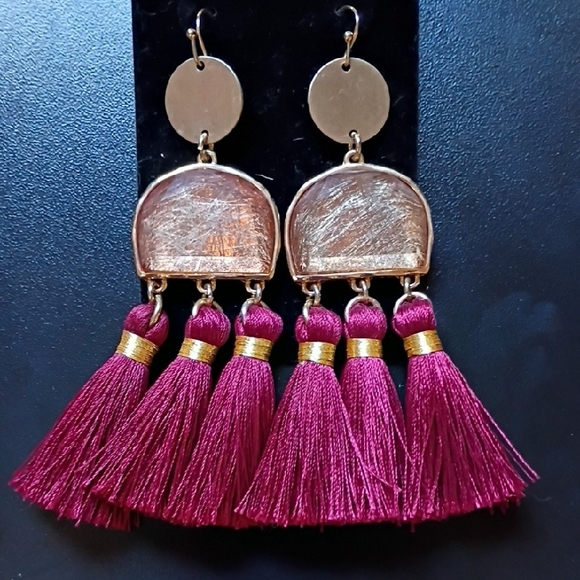 Gold Toned and Burgundy Tassel Earrings Fashion Costume Jewelry - Picture 2 of 5
